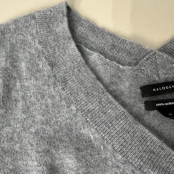 Halogen 100% Cashmere Sweater Womens M Gray V Neck Preppy Minimal Quiet Luxury - Picture 3 of 11